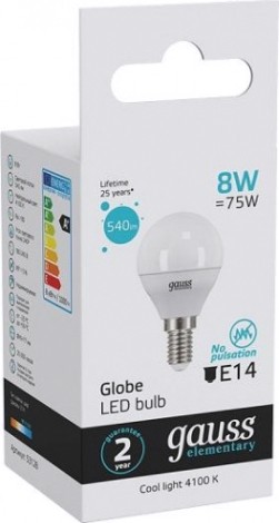 Лампа светодиодная GAUSS Шар elementary шар 8w 540lm 4100k е14 led [53128]