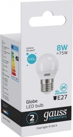 Лампа светодиодная GAUSS Шар elementary шар 8w 540lm 4100k е27 led [53228]