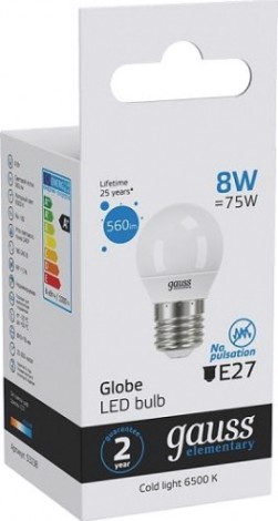 Лампа светодиодная GAUSS Шар elementary шар 8w 560lm 6500k е27 led [53238]