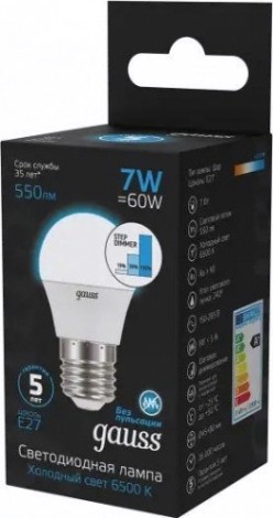 Лампа светодиодная GAUSS Шар шар 7w 550lm 6500k е27 шаг. диммирование led [105102307-S]