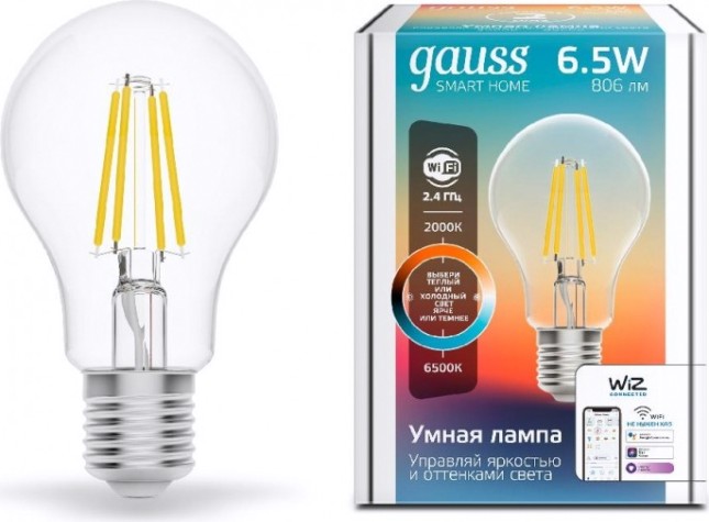 Лампа светодиодная GAUSS Smart home filament а60 6,5w 806lm 2000-6500к e27 [1220112]