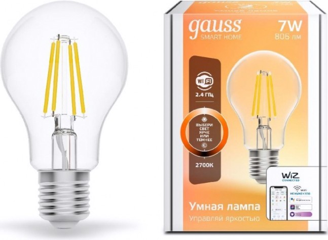 Лампа светодиодная GAUSS Smart home filament а60 7w 806lm 2700к e27 диммируемая led [1200112]