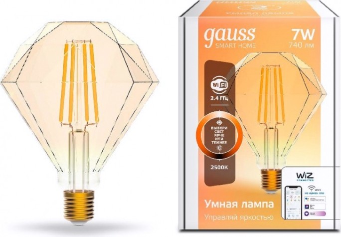 Лампа светодиодная GAUSS Smart home filament diamond 7w 740lm 2500к e27 диммируемая le [1350112]