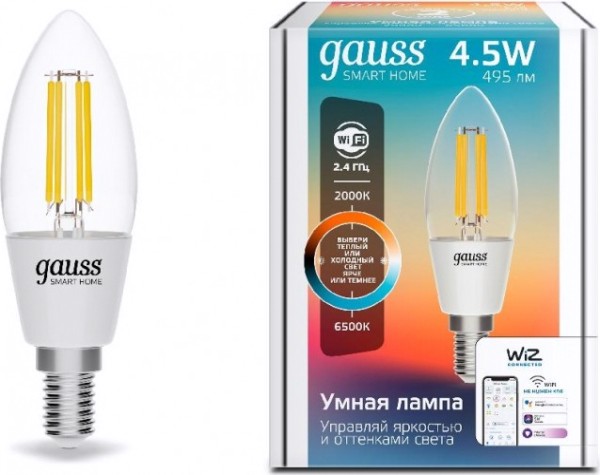 Лампа светодиодная GAUSS Smart home filament с35 4,5w 495lm 2000-6500к e14 [1250112]