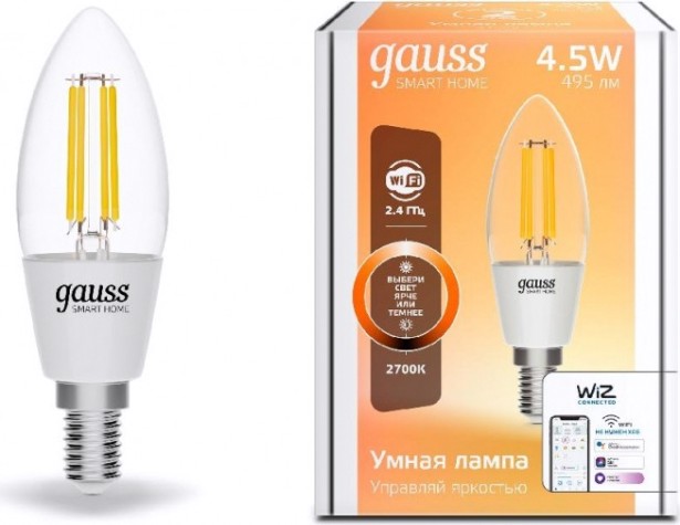 Лампа светодиодная GAUSS Smart home filament с35 4,5w 495lm 2700к e14 диммируемая led [1230112]