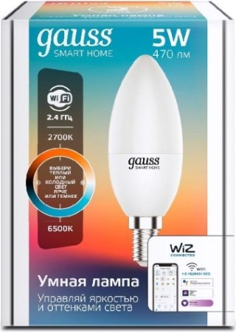 Лампа светодиодная GAUSS Smart home с37 5w 470lm 2700-6500к е14 диммируемая led [1110112]