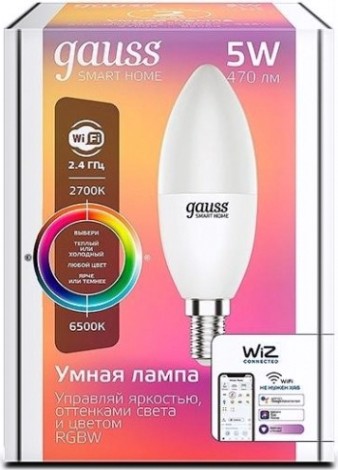 Лампа светодиодная GAUSS Smart home с37 5w 470lm 2700-6500к е14 rgbw диммируемая led [1190112]