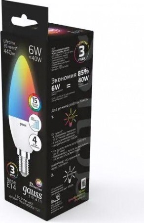 Лампа светодиодная GAUSS Свеча 6w e14 rgbw+димирование led [103101406]