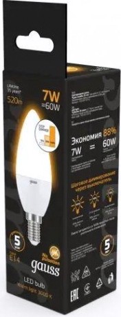 Лампа светодиодная GAUSS Свеча 7w 520lm 3000к e14 шаг. диммирование led [103101107-S]