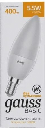Лампа светодиодная GAUSS Свеча basic 5,5w 400lm 3000k e14 led [1033116]