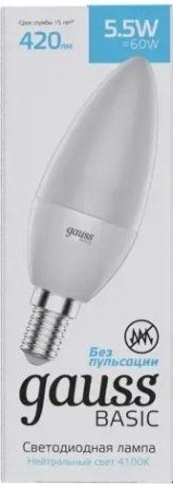 Лампа светодиодная GAUSS Свеча basic 5,5w 420lm 4100k e14 led [1033126]