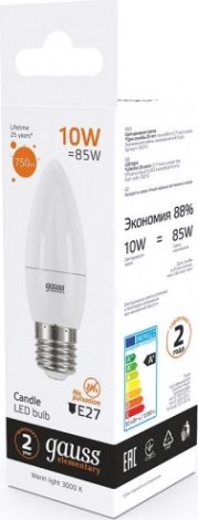 Лампа светодиодная GAUSS Свеча elementary 10w 750lm 3000k e27 led [30210]