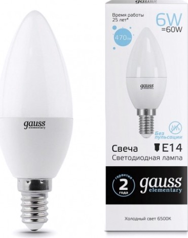 Лампа светодиодная GAUSS Свеча elementary 6w 470lm 6500k е14 led [33136]
