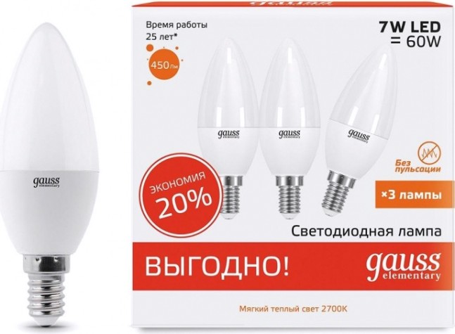Лампа светодиодная GAUSS Свеча elementary 7w 450lm 3000k e14 (3 шт) [33117T]