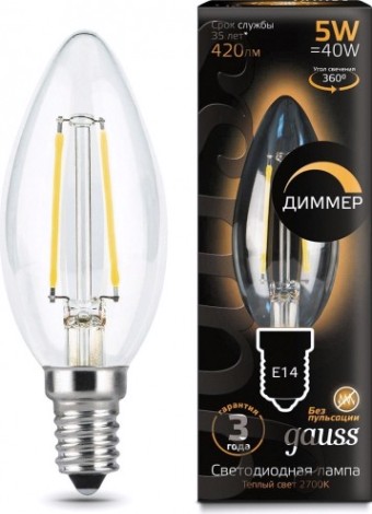 Лампа светодиодная GAUSS Свеча filament 5w 420lm 2700к е14 диммируемая led [103801105-D]