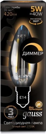 Лампа светодиодная GAUSS Свеча filament 5w 420lm 2700к е14 диммируемая led [103801105-D]