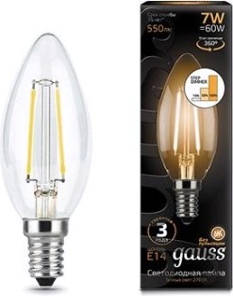 Лампа светодиодная GAUSS Свеча filament 7w 550lm 2700к е14 шаг. диммирование led [103801107-S]