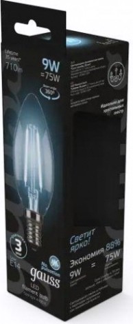 Лампа светодиодная GAUSS Свеча filament 9w 710lm 4100к е14 led [103801209]