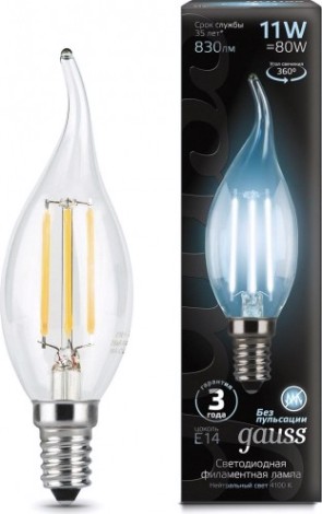 Лампа светодиодная GAUSS Свеча filament на ветру 11w 830lm 4100к е14 led [104801211]