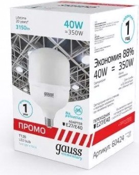 Лампа светодиодная GAUSS T120 elementary 40w 3150lm 4100k e27/e40 promo led [60424]