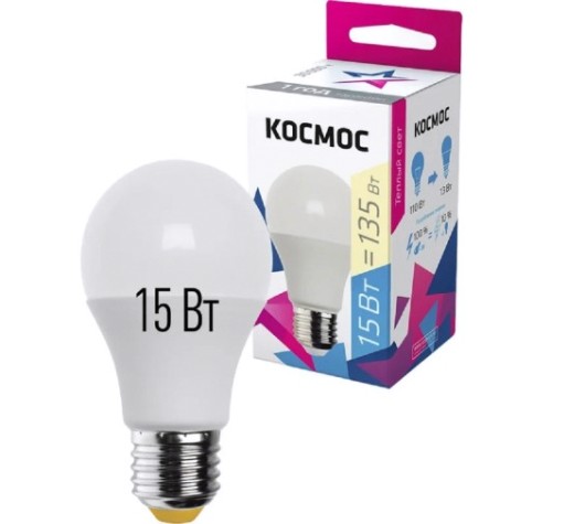 Лампа светодиодная КОСМОС А60 15W Е27 3000K [LkecLED15wA60E2730]