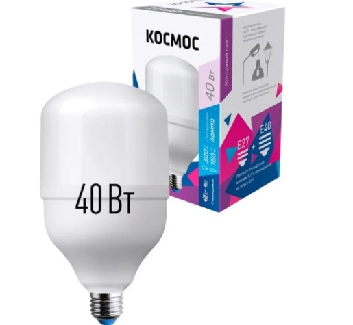 Лампа светодиодная КОСМОС HWLED 40W 220V E27 6500K переходник на E40 [LksmHWLED40WE2765]