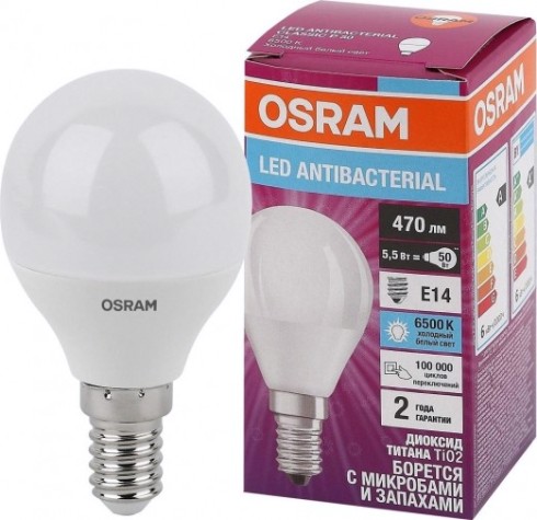 Лампа светодиодная Osram LED Antibacterial clp40 5,5w/865 230vfr e14 [4058075561533]