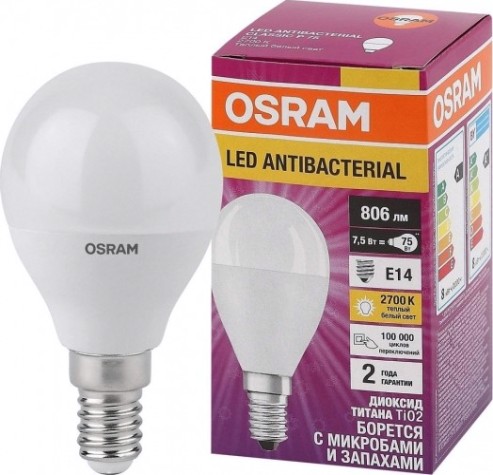 Лампа светодиодная Osram LED Antibacterial clp60 7,5w/827 230vfr e14 [4058075561298]
