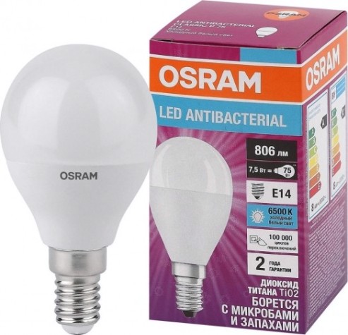 Лампа светодиодная Osram LED Antibacterial clp60 7,5w/865 230vfr e14 [4058075561694]