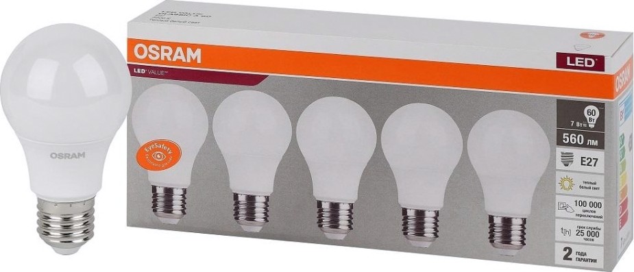 Лампа светодиодная Osram LED VALUE cla60 7sw/830 230v e27 (уп 5 шт) [4058075577626]