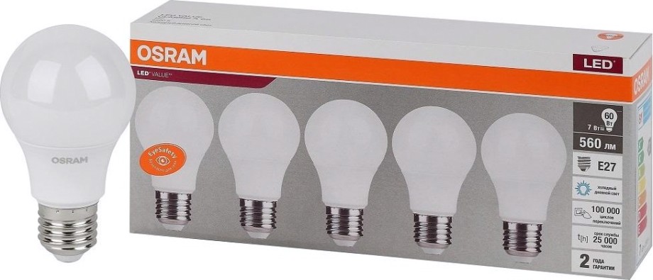 Лампа светодиодная Osram LED VALUE cla60 7sw/865 230v e27 (уп 5 шт) [4058075577688]