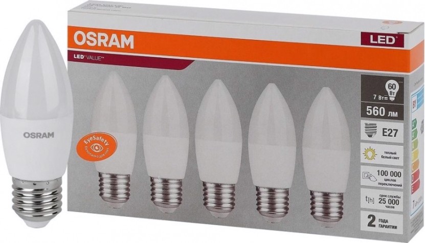 Лампа светодиодная Osram LED VALUE clb60 7sw/830 230v e27 (уп 5 шт) [4058075578012]