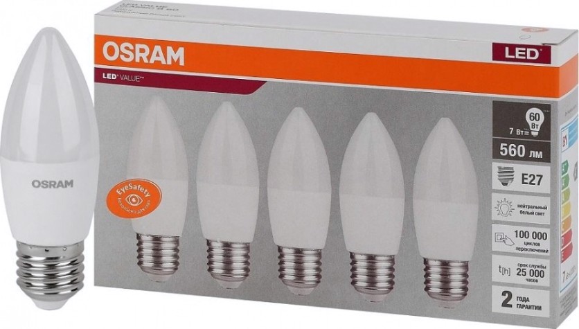 Лампа светодиодная Osram LED VALUE clb60 7sw/840 230v e27 (уп 5 шт) [4058075578043]