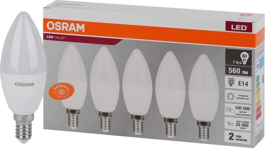 Лампа светодиодная Osram LED VALUE clb60 7sw/865 230v e14 (уп 5 шт) [4058075577985]