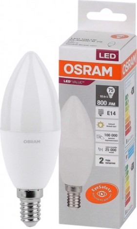 Лампа светодиодная Osram LED VALUE clb75 10sw/830 230v e14 10x1 [4058075579125]