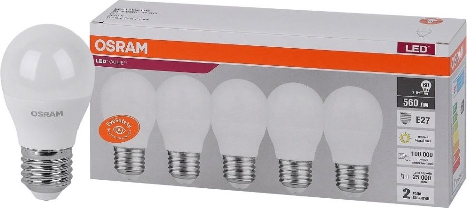 Лампа светодиодная Osram LED VALUE clp60 7sw/830 230v e27 (уп 5 шт) [4058075578197]