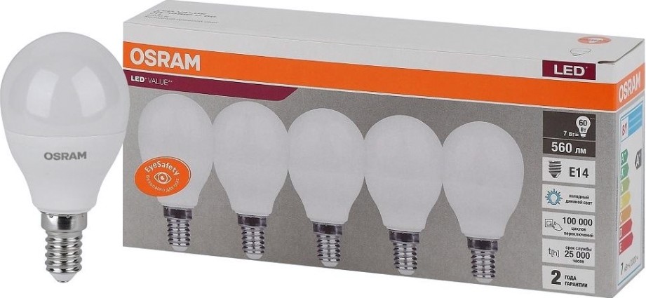 Лампа светодиодная Osram LED VALUE clp60 7sw/865 230v e14 (уп 5 шт) [4058075578166]
