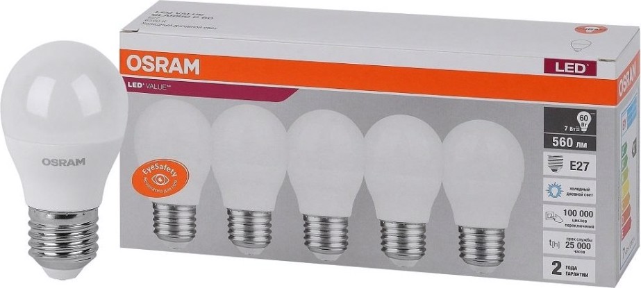 Лампа светодиодная Osram LED VALUE clp60 7sw/865 230v e27 (уп 5 шт) [4058075578258]