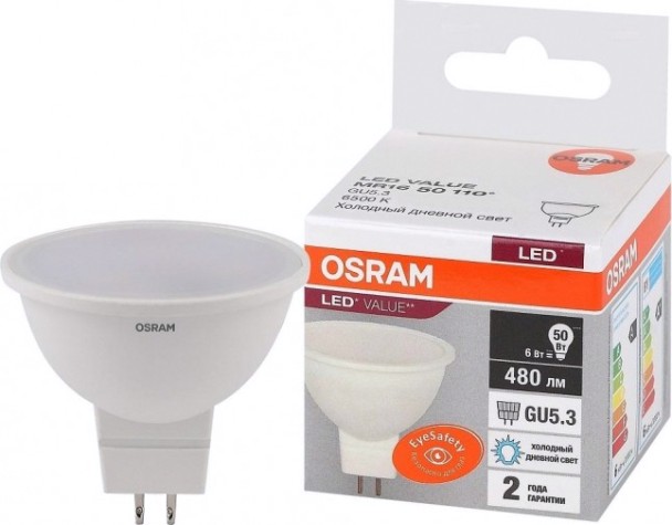 Лампа светодиодная Osram LED VALUE mr16 50 6sw/865 230v gu5.3 [4058075582668]