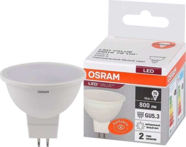 Лампа светодиодная Osram LED VALUE mr16 75 10sw/840 230v gu5.3 [4058075582903]