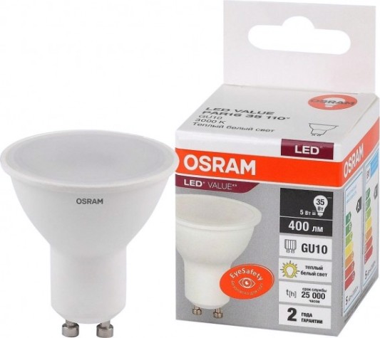 Лампа светодиодная Osram LED VALUE par16 35 5sw/830 230v gu10 [4058075581333]