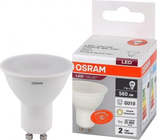 Лампа светодиодная Osram LED VALUE par16 60 7sw/830 230v gu10 [4058075581555]