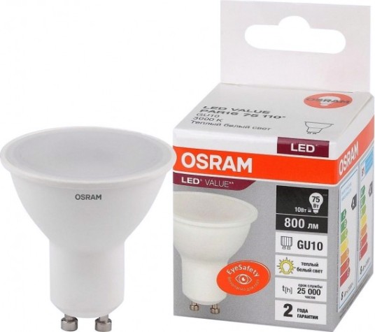 Лампа светодиодная Osram LED VALUE par16 75 10sw/830 230v gu10 [4058075581722]