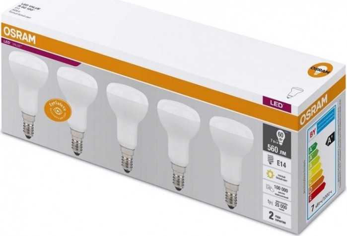 Лампа светодиодная Osram LED VALUE r60 7sw/830 230v e14 (уп 5 шт) [4058075583931]