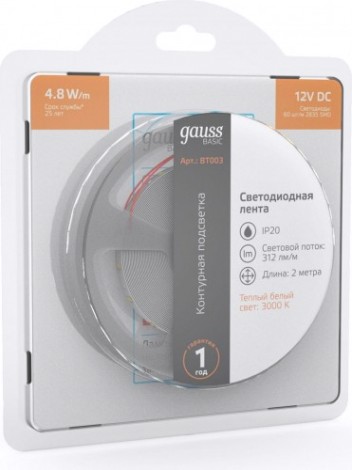 Лента светодиодная GAUSS BT003 basic 12v 4,8w/m 312lm/m 3000k ip20 led 2m Лента светодиодная GAUSS BT003 basic 12v 4,8w/m 312lm/m 3000k ip20 led 2m