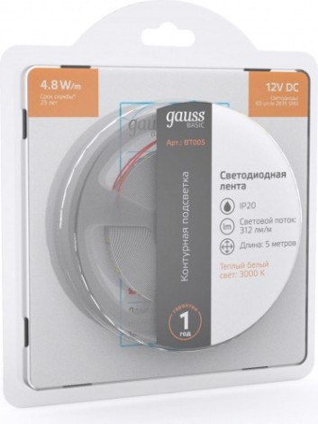 Лента светодиодная GAUSS BT005 basic 12v 4,8w/m 312lm/m 3000k ip20 led 5m