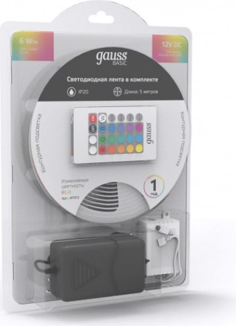 Лента светодиодная GAUSS BT012 basic в комплекте 12v 6w/m 390lm/m rgb ip20 led 5m Лента светодиодная GAUSS BT012 basic в комплекте 12v 6w/m 390lm/m rgb ip20 led 5m