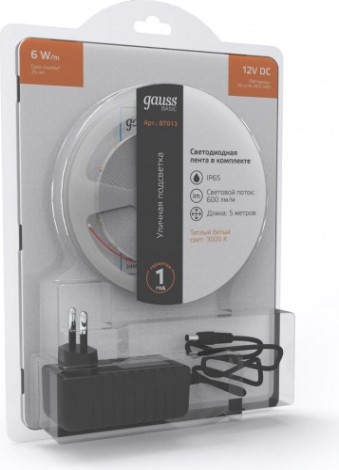 Лента светодиодная GAUSS BT013 basic в комплекте 12v 6w/m 600lm/m 3000k ip65 led Лента светодиодная GAUSS BT013 basic в комплекте 12v 6w/m 600lm/m 3000k ip65 led
