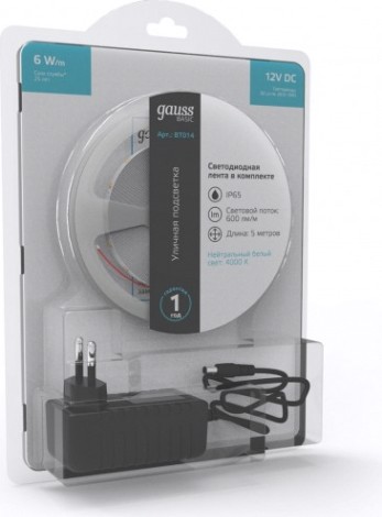 Лента светодиодная GAUSS BT014 basic в комплекте 12v 6w/m 600lm/m 4000 ip65 led 5 Лента светодиодная GAUSS BT014 basic в комплекте 12v 6w/m 600lm/m 4000 ip65 led 5