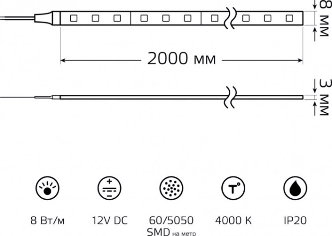 Лента светодиодная GAUSS BT021 basic 12v 8w/m 900lm/m 4000k ip20 led 2m Лента светодиодная GAUSS BT021 basic 12v 8w/m 900lm/m 4000k ip20 led 2m
